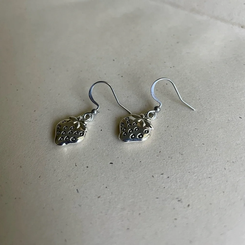 Silver Strawberry Dangle Earrings - Picture 3 of 4